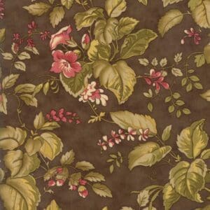 Vintage floral pattern with pink flowers and green leaves on brown background.