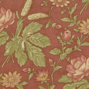 Floral pattern with green leaves and pink flowers on a muted red background.