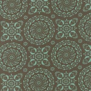 Intricate vintage floral pattern in teal on a muted brown background.