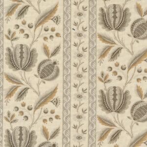 Vintage floral wallpaper with muted tones and intricate botanical patterns.