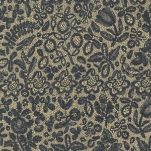 Detailed floral pattern in dark hues on a textured fabric.