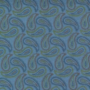Blue fabric with green and purple paisley patterns.
