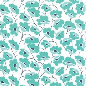 Seamless floral pattern with teal flowers and thin branches on white background.