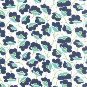 Seamless floral pattern with blue and green flowers on a light background.