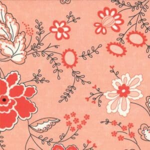 Delicate floral pattern in red and white on a soft peach background.