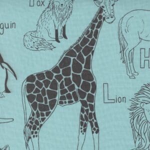Illustration of a giraffe among other animals on a blue background.