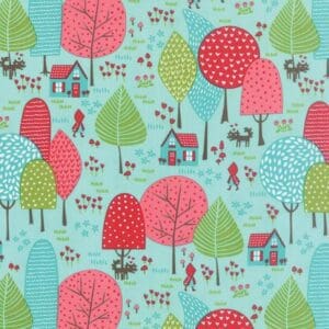 Colorful, whimsical forest pattern with stylized trees and animals on a blue background.