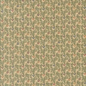 Vintage floral patterned wallpaper with muted green and beige tones.