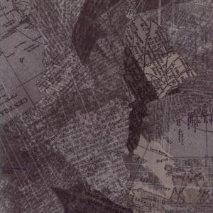 Abstract monochrome composition with text and angular shapes.