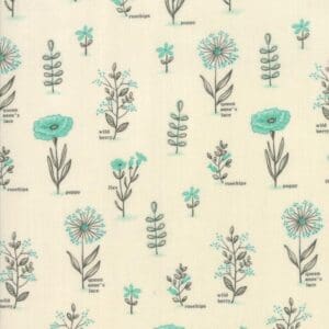 Delicate floral pattern with teal and beige tones on a cream background.