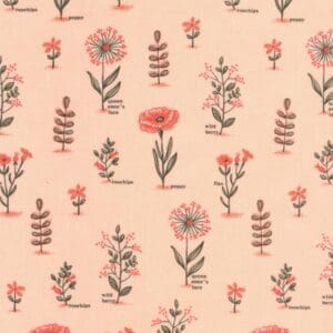 Delicate floral pattern with pink and red flowers on a soft peach background.