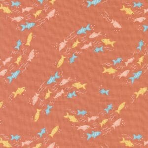 Colorful fish swim in a swirling pattern on a textured orange background.