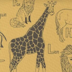 Illustration of a giraffe among other animal drawings on a beige background.
