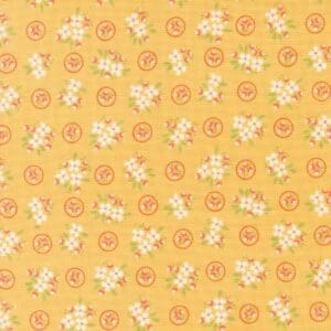 Seamless pattern with hand-drawn flowers and leaves on a warm yellow background.