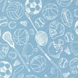 Pattern of various sports balls and equipment on a blue background.