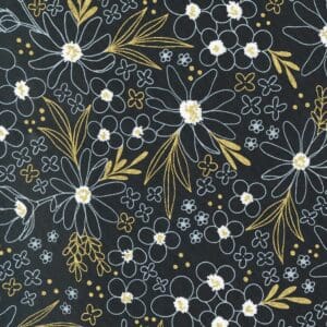 Elegant floral pattern with gold and white accents on a dark background.