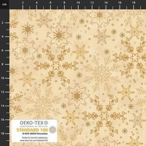 Beige fabric with gold snowflake pattern, festive and elegant.