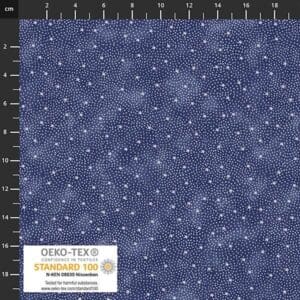Blue fabric with white star and dot pattern, labeled Oeko-Tex Standard 100.