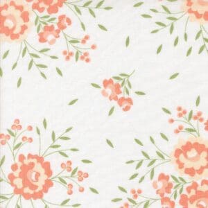 Delicate floral pattern with coral flowers and green leaves on a light background.