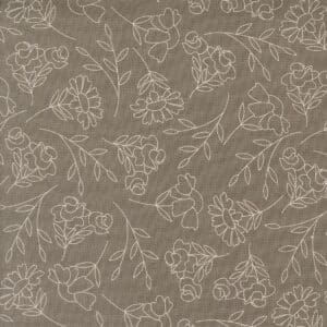Seamless floral pattern with delicate line-drawn flowers on a muted brown background.