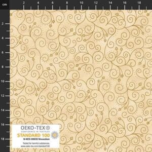 Beige fabric with elegant brown swirling floral designs.