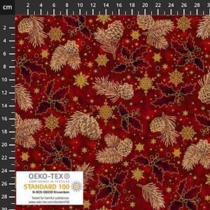 Intricate red fabric with gold floral and heart patterns.