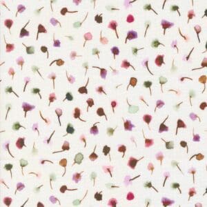 Pattern of small, scattered flowers in various pink and purple shades on a white background.