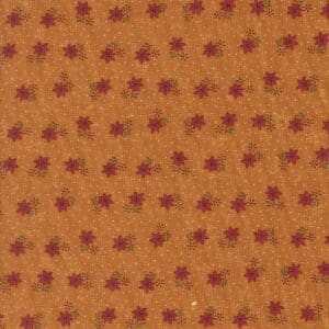 Close-up of orange fabric with small red floral patterns.