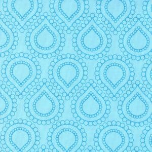 Blue patterned wallpaper with teardrop shapes and dotted outlines.