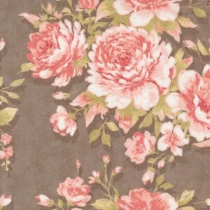 Vintage floral pattern with pink roses on a brown background.