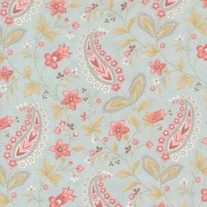 Soft pastel floral and paisley pattern on light blue background.