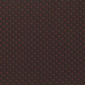 Dark brown fabric with a repeating red and beige geometric pattern.