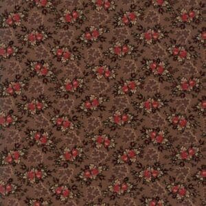 Intricate vintage floral pattern with red and pink flowers on a brown background.