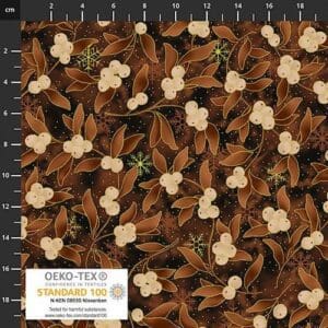 Pattern of white flowers and brown leaves on a dark background with measuring scale.