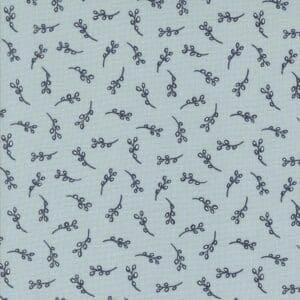 Pattern of small black floral sprigs on a light blue background.