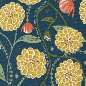 Intricate floral pattern with yellow flowers on a deep blue background.