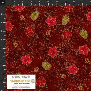 Red and brown floral fabric with green leaves and intricate gold detailing.