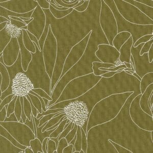 Olive green fabric with white floral line art pattern.