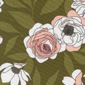 Close-up of pink and white floral pattern on olive green background.