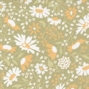 A vintage floral pattern with white daisies and orange flowers on a muted green background.
