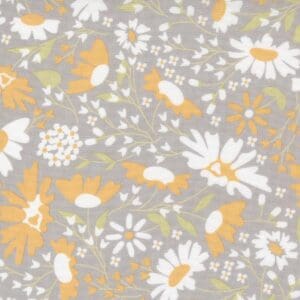 A soft fabric pattern with white daisies and orange butterflies on a gray background.