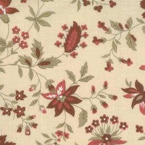 Vintage floral wallpaper with red and green flowers on beige background.