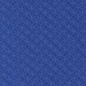 Blue geometric pattern with interlocking shapes and floral motifs.