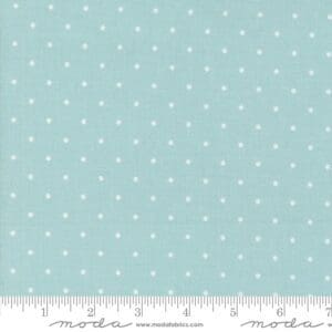 Light blue fabric with small white polka dots and a measuring ruler at the bottom.