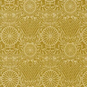 Intricate golden-yellow floral and geometric pattern on fabric.