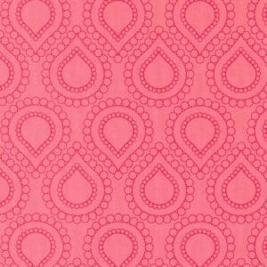 Pink fabric with a repeating teardrop pattern.