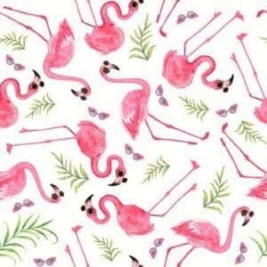 Seamless pattern with pink flamingos and green leaves on white background.