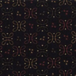 A dark fabric with a repeating pattern of colorful, stylized butterfly-like shapes.