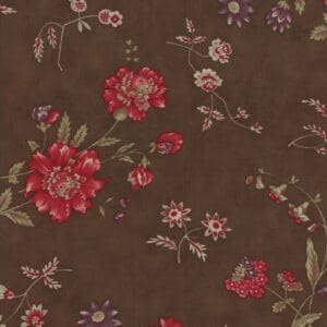 Brown fabric with red and pink floral patterns.