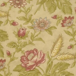 Floral fabric with pink roses and green leaves on a beige background.